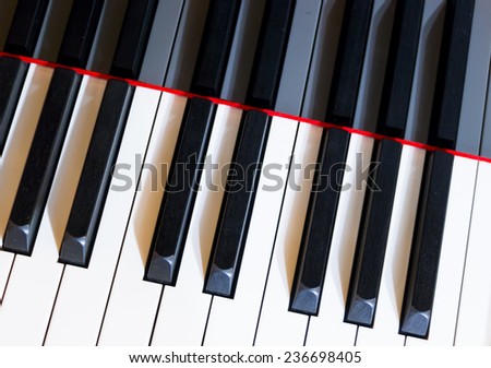 Black and white piano keys, keyboard of classical music instrument.