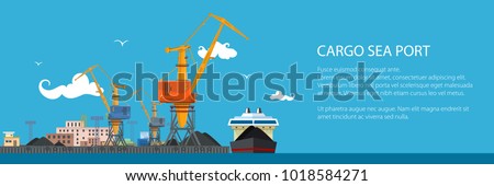 Unloading Coal or Ore from the Dry Cargo Ship, Banner with Sea Freight Transportation, Cargo Transport, Port Warehouses and Cranes, Vector Illustration