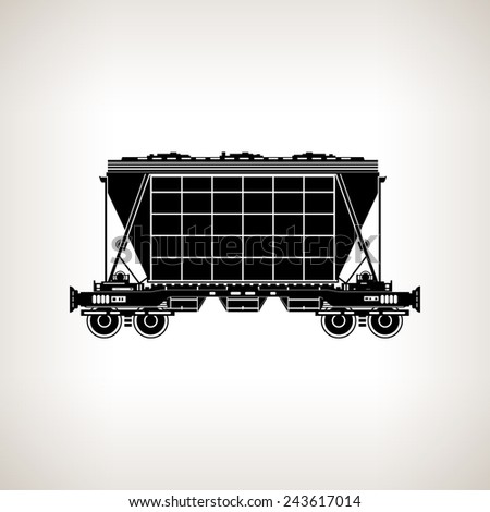 Silhouette hopper car for mass transit fertilizer, cement, grain and other bulk cargo on a light background, black and white  illustration