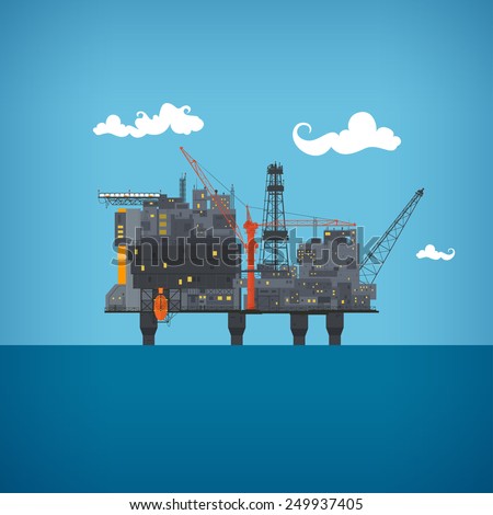 Offshore oil platform  in the  blue ocean. Helipad, cranes,  derrick, hull column , lifeboat , workshop, manifold, gas lift module