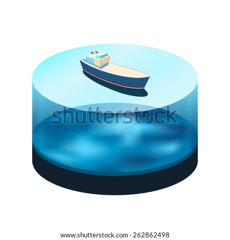 Isometric ship on the water, a top view of a cargo ship  in the sea, water as a cylinder with a ocean bed , vector illustration