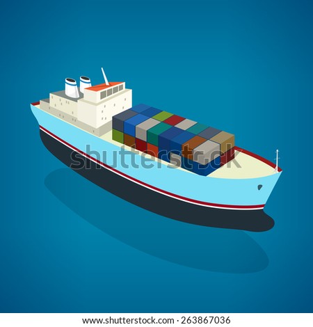 Isometric container ship on the water, a top view of a cargo ship with containers on board in the ocean, vector illustration