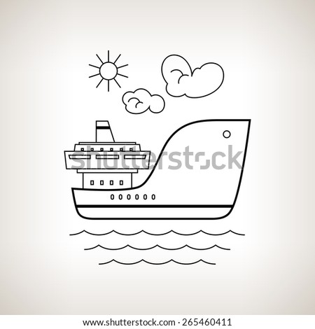 Silhouette cargo ship, dry cargo ship on a light background, black and white illustration