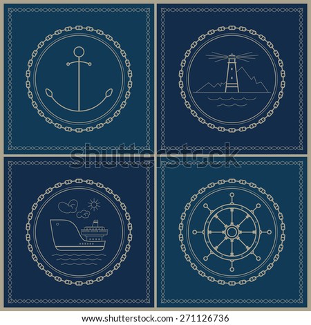 Set of maritime emblems. Anchor,lighthouse, cargo ship, ship\'s wheel