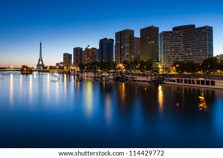Front de Seine and Eiffel tower at blue hour Paris Front de Seine and Eiffel tower at blue hour Paris