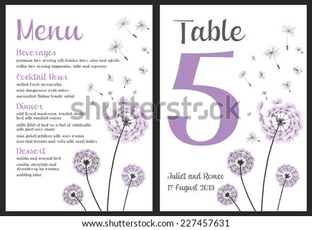 Set of floral wedding invitation template, purple dandelion flower, menu and table number card