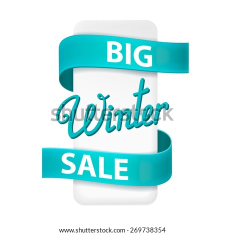 White banner decorated with turquoise ribbon. Big winter sale. \