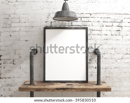 Blank Poster Frame on rustic wood shelve with white brick industrial background