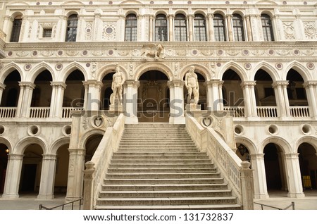The Giant\'s Staircase, in the Doge\'s Palace, Venice, Italy. At the summit the gods of war and the sea : Mars and Neptune