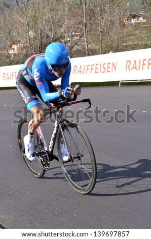 VERBIER, SWITZERLAND - APRIL 23: Andrew TALANSKY of team GRS silver place on stage 1 of the Tour de Romandie 2013:  April  23, 2013 in Verbier, Switzerland