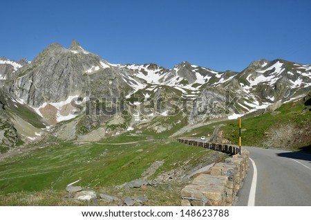 The road leading to the high alpine pass the Great St Bernard linking Italy to Switzerland