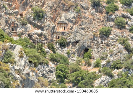 Ancient greek rock cut tombs, excavated from a cliff face. In the ancient Lycian town of Myra in southern Turkey