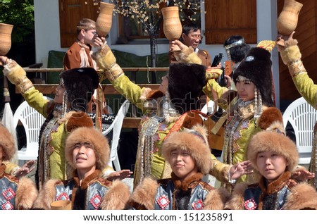 EVOLENE, SWITZERLAND - AUGUST 13: Yakutsk music and dance group at the International Festival of Folklore and Dance from the mountains (CIME) :  August 13, 2013 in Evolene Switzerland