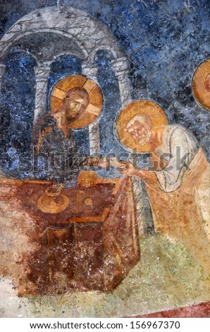 Ancient Byzantine Fresco Of Jesus Giving Communion To Saint Peter. At The Church Of Saint Nicholas, Demre, Southern Turkey