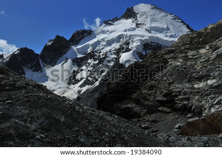 The North face of the Dent d\'Herens (4171m) with it\'s seraphs and ice cliffs as seen from the base in the Swiss Alps. In the foreground Stockji