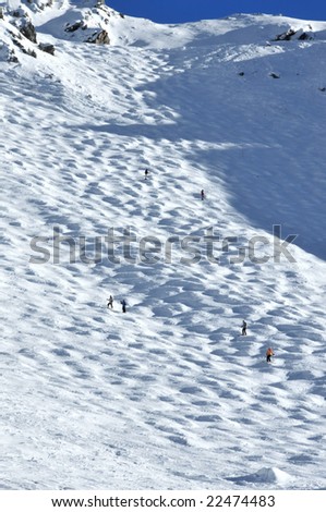 skiers on the very steep black ski wall at the swiss resort of Nendaz