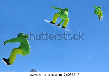 a sequence of a snowboard in lime green clothing jumping.