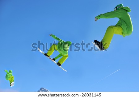 a sequence of 3 shots of a snowboarder in lime green clothing making a high jump and a full turn