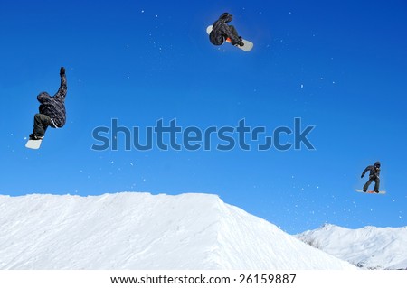 sequence of a girl snowboarder taking off from a jump and reaching for the sky with her right arm
