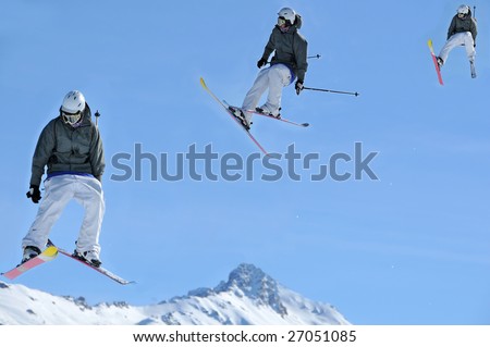 sequence of a girl skier performing a jump and a turn, and preparing to land. These images were taken in the chronological order of right to left.
