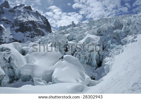 The large ice fall on the glacier below the giants tooth (top left).  Very large blocks of ice tumble down the steep gradient of the ice fall. Global warming is causing this glacier to melt