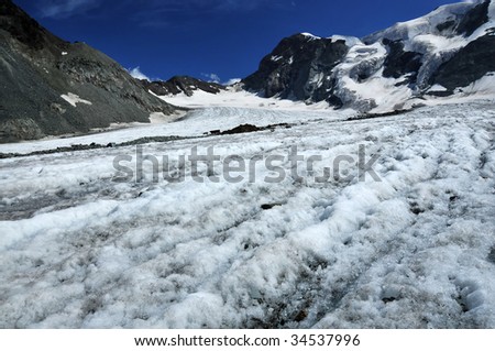 a glacier in the mountains. In the foreground, water melted by the sunforms little streams on the surface. Global warming is causing the glaciers to shrink
