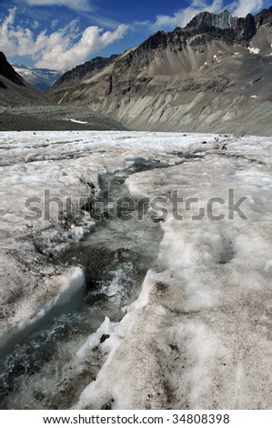 a river running over the surface of a glacier, caused by melted ice. Global warming is causing the worlds glaciers to melt