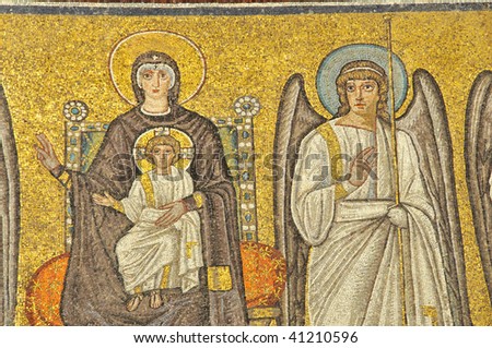 Virgin Mary with baby Jesus and an angel on a 1600 year old UNESCO world heritage mosaic
