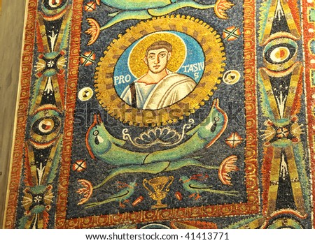 UNESCO listed mosaics from St Vitale in Ravenna showing a detail of St Protasius an early christian saint
