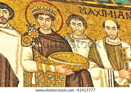 Byzantine emperor Justinian with bishop Maximian in a UNESCO listed world famous 1500 year old mosaic