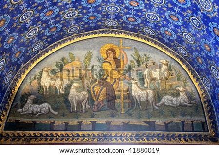 Magnificent 1600 year old mosaics listed by UNESCO in Galla Placida's mausoleum depicting a saintly  shepherd and his flock bearing a golden cross