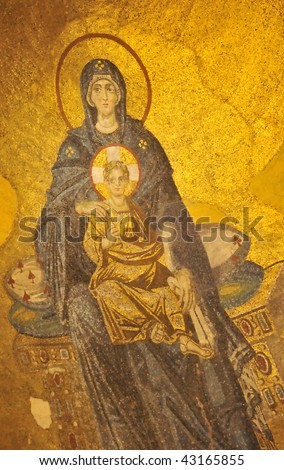 golden byzantine mosaic of the Virgin Mary and the Baby Jesus in the famous basilica of Saint Sophia