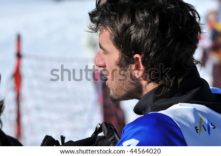 VEYSONNAZ, SWITZERLAND - JANUARY 15:  FIS World Championship Snowboard Cross finals. The winner, new world champion Pierre Vaultier.  January 15 in Veysonnaz, Switzerland