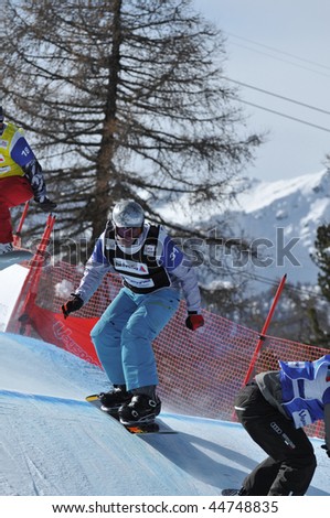 VEYSONNAZ, SWITZERLAND - JANUARY 15:  FIS World Championship Snowboard Cross finals. Finalist Patrick Holland.  January 15 in Veysonnaz, Switzerland