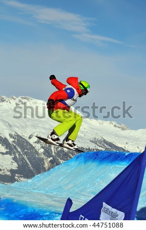 VEYSONNAZ, SWITZERLAND - JANUARY 15: World championship Snowboard cross  finals. Finalist Markus Schairer. January 15 in Veysonnaz, Switzerland.