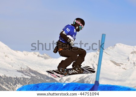 VEYSONNAZ, SWITZERLAND - JANUARY 15: World championship Snowboard cross  finals. Ladies finalist Yuka Fujimori. January 15 in Veysonnaz, Switzerland.