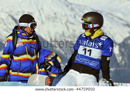 VEYSONNAZ, SWITZERLAND - JANUARY 15: World championship Snowboard cross  finals. On course briefing for Natsuko Doi of Japan.  January 15 in Veysonnaz, Switzerland.