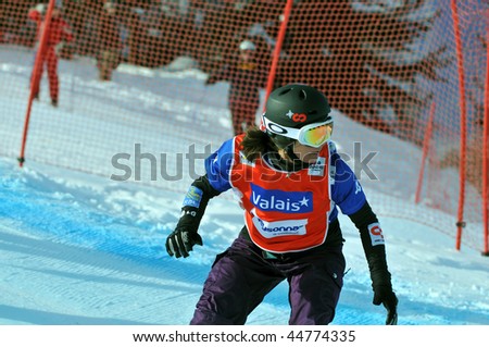 VEYSONNAZ, SWITZERLAND - JANUARY 15: World championship Snowboard cross  finals. Maelle Ricker, bronze medalist. January 15 in Veysonnaz, Switzerland.