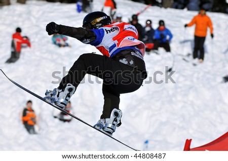 VEYSONNAZ, SWITZERLAND - JANUARY 15: World championship Snowboard cross  finals. 4th position Francois Boivin from Canada. January 15 in Veysonnaz, Switzerland.