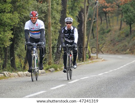 FREJUS, FRANCE- FEBRUARY 18: Lawrence Dallaglio (L) cycles through the south of France during the Dallaglio Cycle Slam February 18, 2010 in Frejus, France.