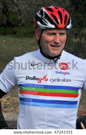 FREJUS, FRANCE- FEBRUARY 18: Lawrence Dallaglio talks to the cameras during the Dallaglio Cycle Slam February 18, 2010 in Frejus, France.