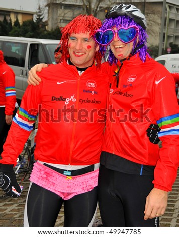 LA SPEZIA, ITALY - FEBRUARY 16: Lawrence Dallaglio in fancy dress with friend for the benefit of the Dallaglio Cycle Slam, February 16, 2010 in La Spezia, Italy.