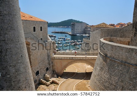 The famous UNESCO listed fortifications of Dubrovnik in Croatia overlooking the harbour
