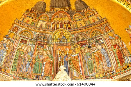 The reception of St Mark\'s body into the basilica of St Mark at Venice. With christ looking down, and the 4 bronze horses also depicted, with the townspeople of Venice