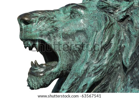 bronze sculpture of a roaring lion isolated against a white background