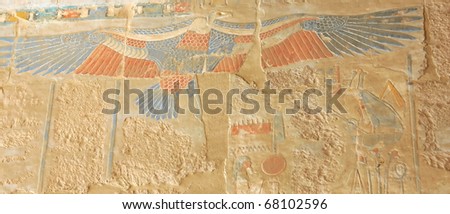 Painting of the protective wings of a vulture symbolising protection of the queen in the  mortuary temple of Queen Hatshepsut at Thebes in Egypt