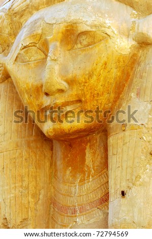 Hathor the cow headed god of fertility in the new kingdom mortuary temple of Queen Hatshepsut at Thebes in Egypt