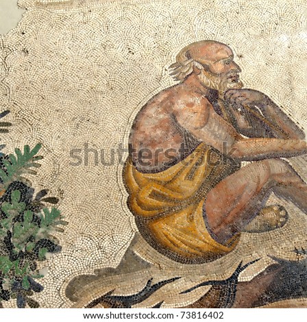ancient byzantine mosaic from the great palace of an old muscular man in a robe sitting down contemplating
