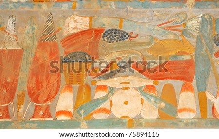 Ancient Egyptian painting of large quantities of food including meat, fruit,  and wine