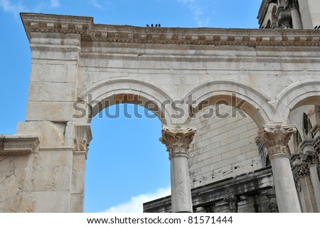 pillars and arches in the centre of the UNESCO listed palace built by the ancient roman emperor Diocletion for his retirement home, in Split, Croatia